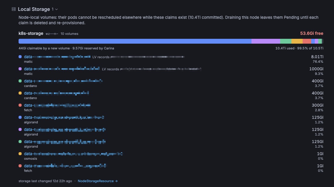 Carina disk groups and pinned volumes on the Node page