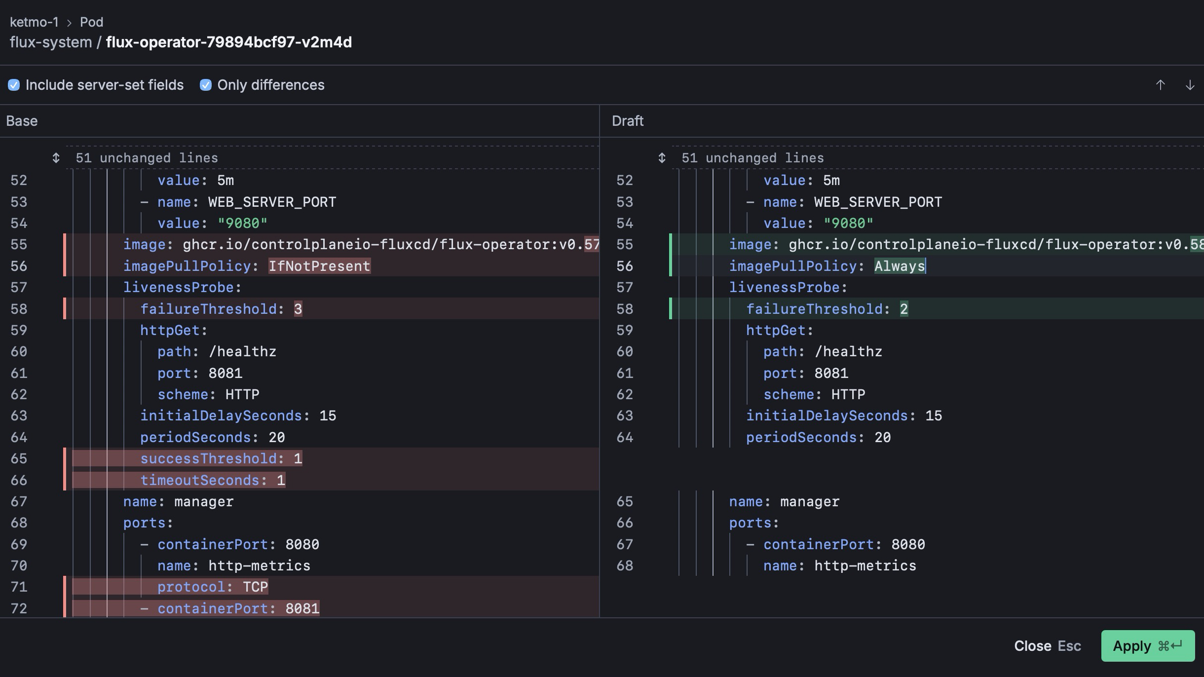 Reviewing YAML edits in Zapkube's side-by-side diff view